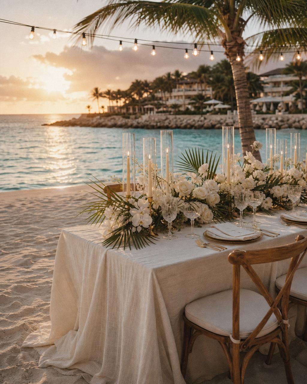 Candlelit rehearsal dinner tablescape with ivory florals and gold flatware