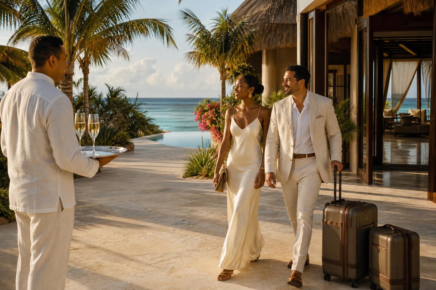 Wedding guests welcomed to a luxury resort with champagne on arrival